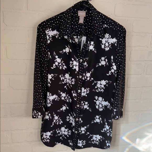 Chicos shirt blouse Black & White Floral Lightweight NEW - Picture 2 of 7
